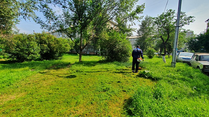 Во дворах домов проводится покос травы Во дворах домов проводится покос травы