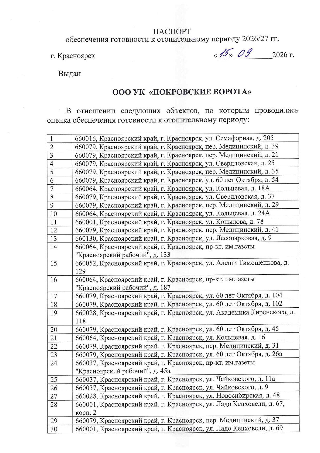 УК "Покровские ворота" Паспорт готовности к отопительному сезону 2026/2027 изображение 1